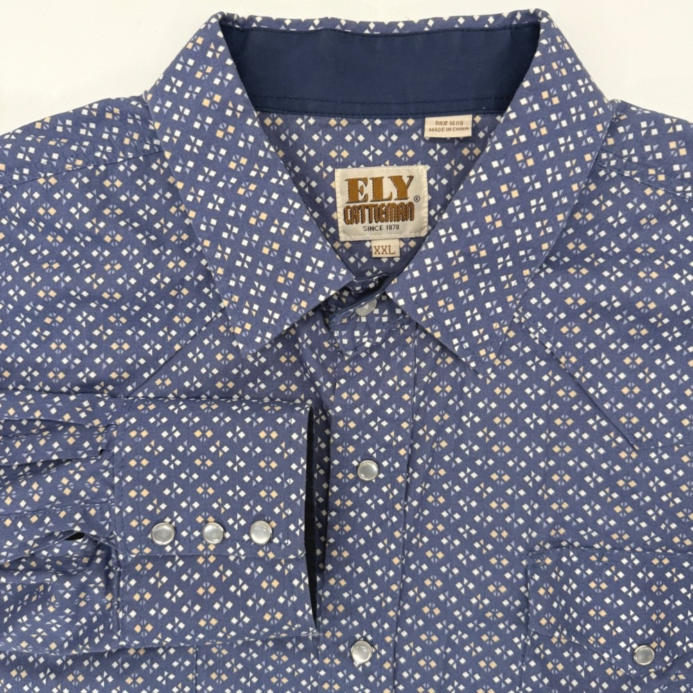 Ely Cattleman Western Shirt Men XXL Blue Geometric Diamond Pearl Snap Cotton